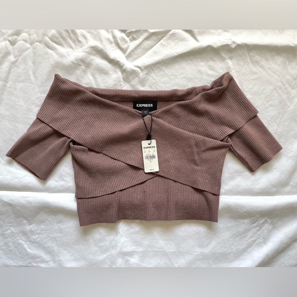 Express Knit Ribbed Off Shoulder Criss Cross Mocha Brown Crop Top | NWT | Small